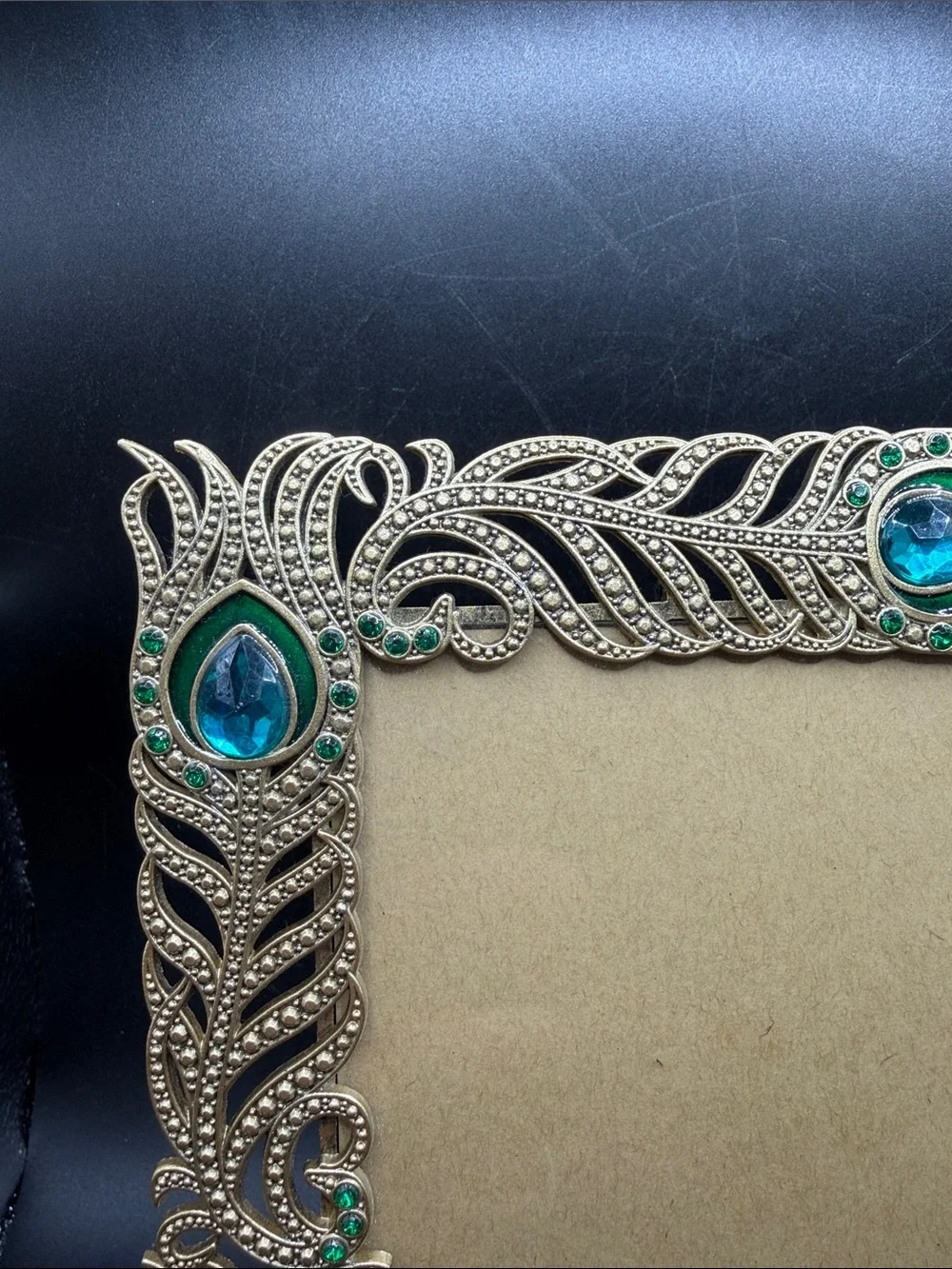 Pier 1 Imports Peacock Feather Enamel Metal Crystal Rhinestone Picture Frame